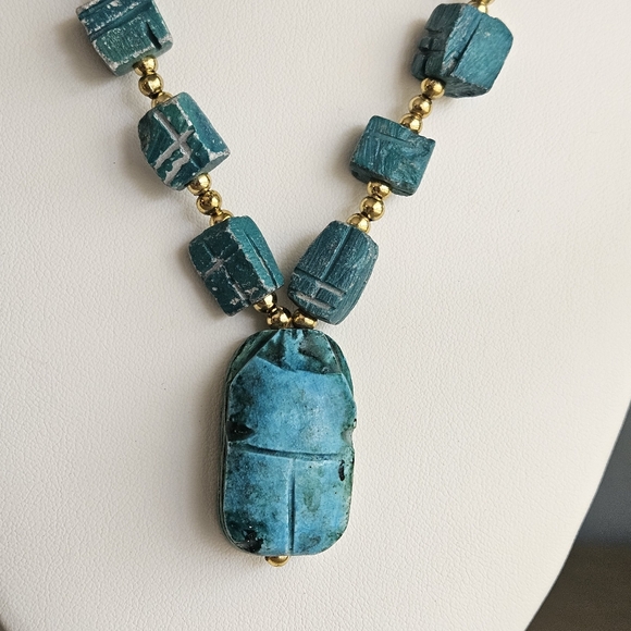Vintage Scarab Necklace Egyptian Revival Beaded Blue Beetle Glazed Ceramic 28-in - Picture 8 of 13